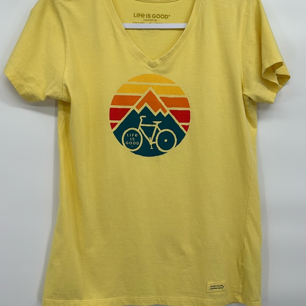 Life is Good Crusher Tee Shirt v neck yellow outdoor biking